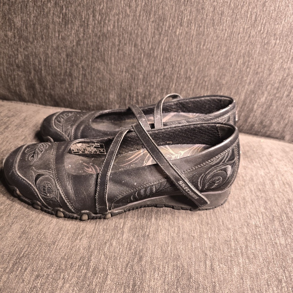 Skechers Bikers Black Leather Embossed Feather Mary Jane Flats Shoes Womens 7.5 - Picture 4 of 7